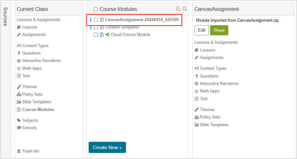In the Content Repository under Course Modules, there is a new Course Module with the name CanvasAssignment.